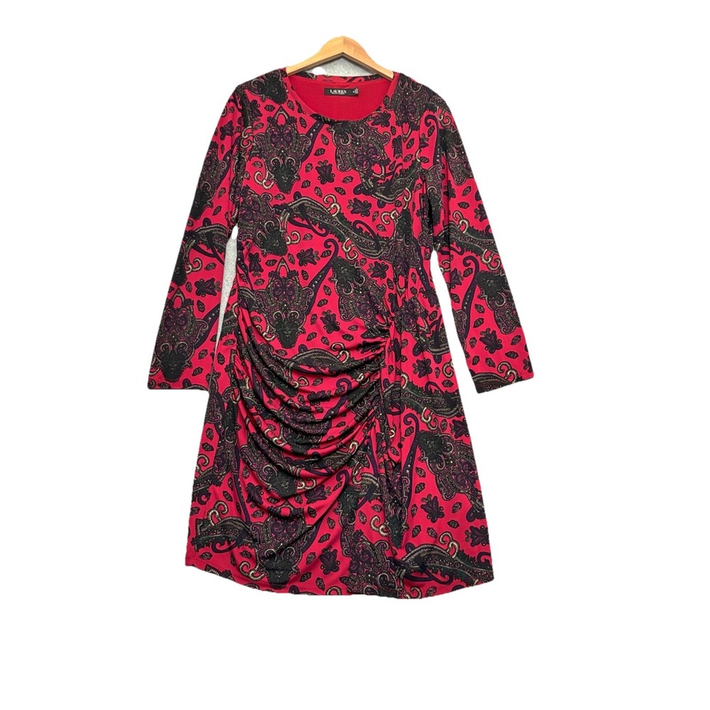 Lauren Ralph Lauren Midi Dress Red Ruched Sz Plus 16 Stretch Long Slv Paisley